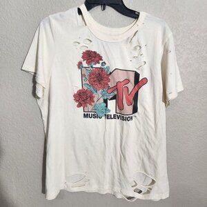 MTV Shirt Womens 2XL Distressed Graphic Music Television Flowers Tee Grunge